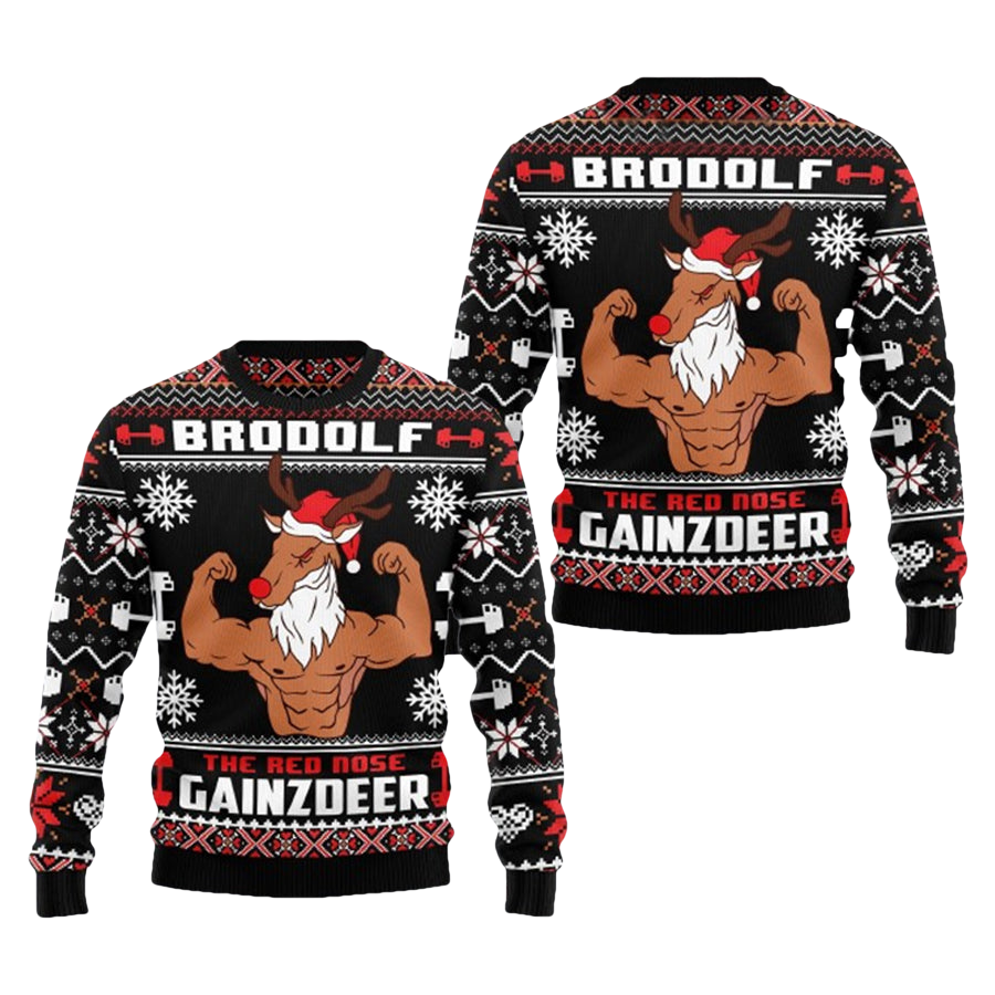 Brodolf Red Nose Gainzdeer Gym Ugly Sweater - Moonbestprint