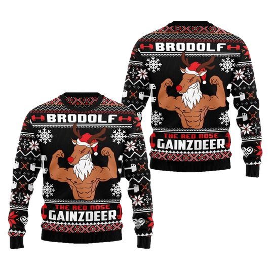 Brodolf Red Nose Gainzdeer Gym Ugly Sweater - Moonbestprint
