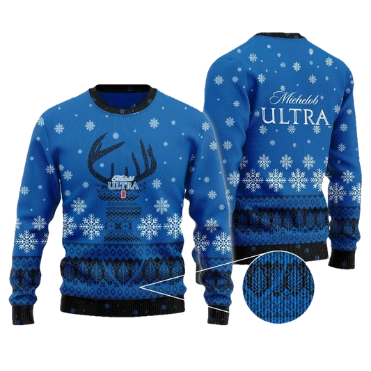 Blue Michelob Ultra Reindeer Beer Ugly Christmas Sweater - Moonbestprint