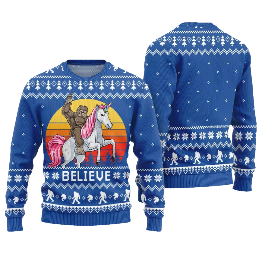 Believe Bigfoot Riding Unicorn Ugly Christmas Sweater - Moonbestprint