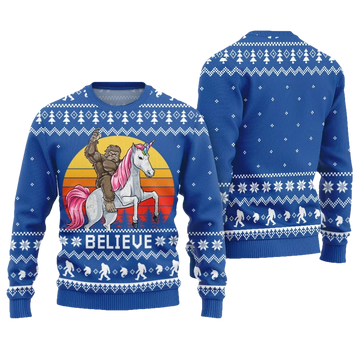 Believe Bigfoot Riding Unicorn Ugly Christmas Sweater - Moonbestprint