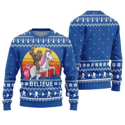 Believe Bigfoot Riding Unicorn Ugly Christmas Sweater - Moonbestprint