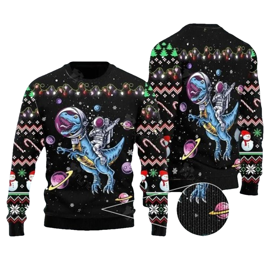 Astronauts Ride T-Rex In Space Ugly Sweater - Moonbestprint