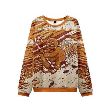 Angry Gingerbread Riding Sleigh Ugly Christmas Sweater - Moonbestprint