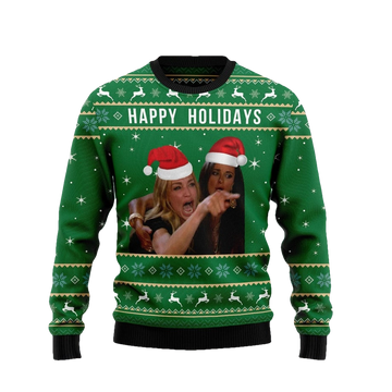 2 Woman Yelling Meme Happy Holidays Ugly Christmas Sweater - Moonbestprint