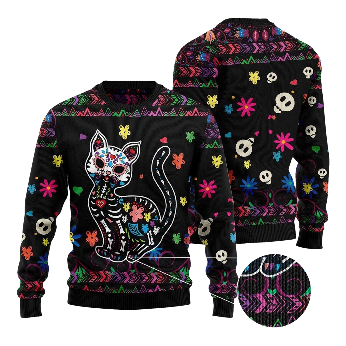 2026 Cat Sugar Skull Ugly Christmas Sweater - Moonbestprint