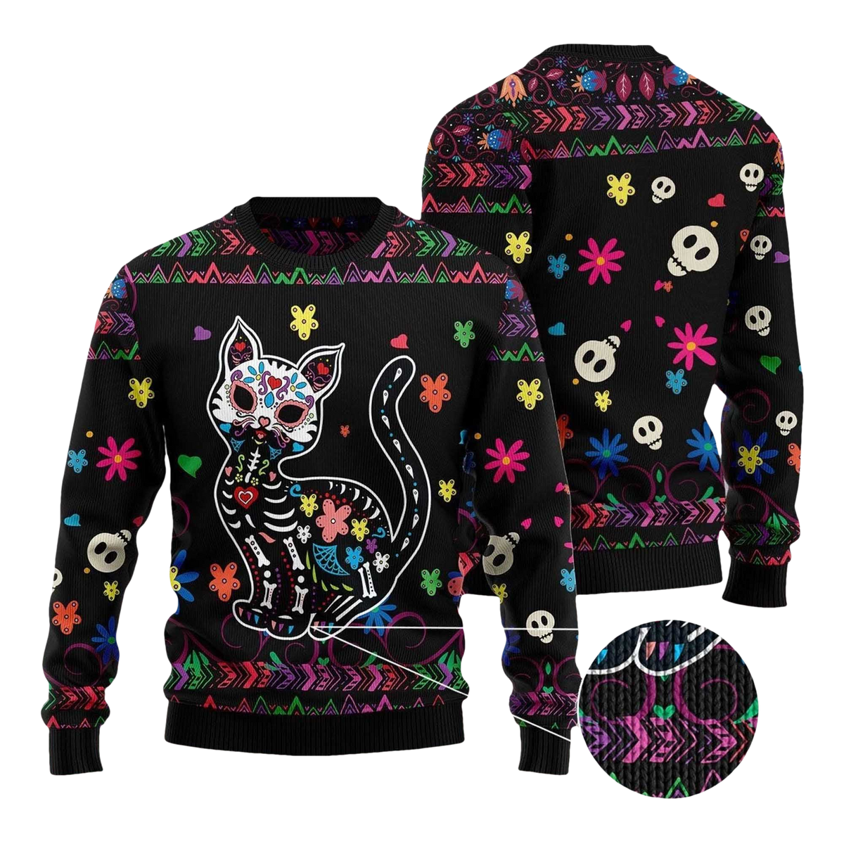 2026 Cat Sugar Skull Ugly Christmas Sweater - Moonbestprint