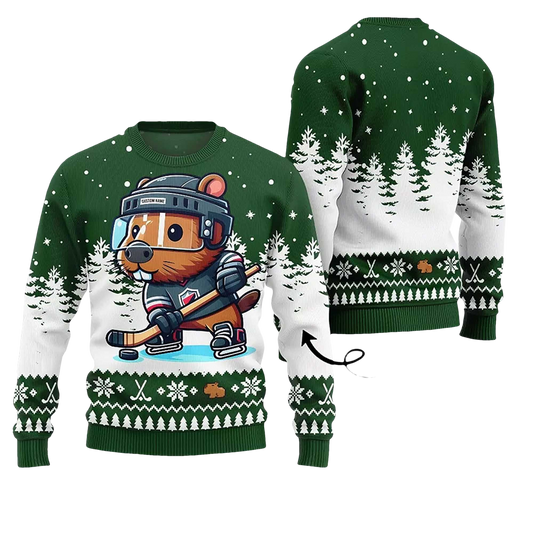 2026 Capybara Playing Hockey Ugly Christmas Sweater - Moonbestprint
