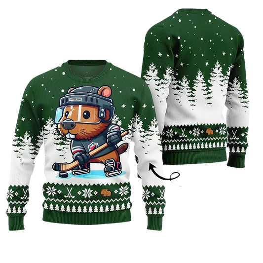 2026 Capybara Playing Hockey Ugly Christmas Sweater - Moonbestprint