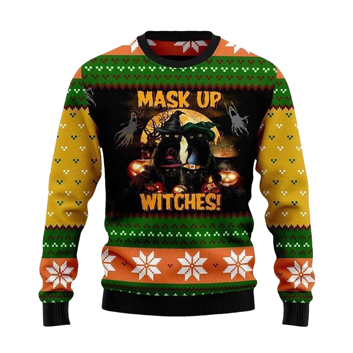 2026 Black Cat Mask up Witches Ugly Christmas Sweater - Moonbestprint