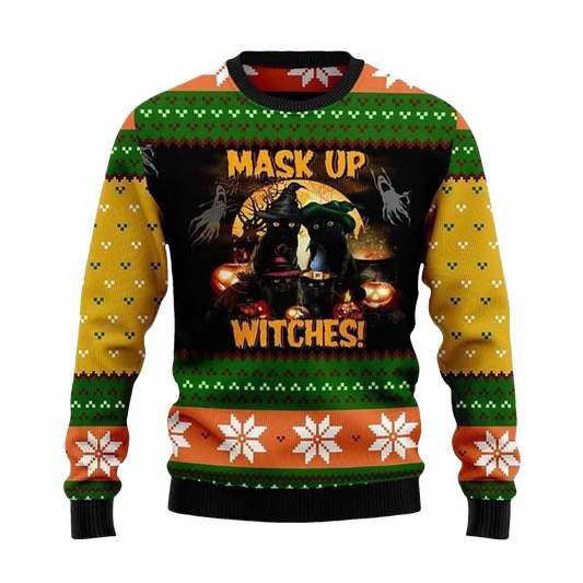 2026 Black Cat Mask up Witches Ugly Christmas Sweater - Moonbestprint