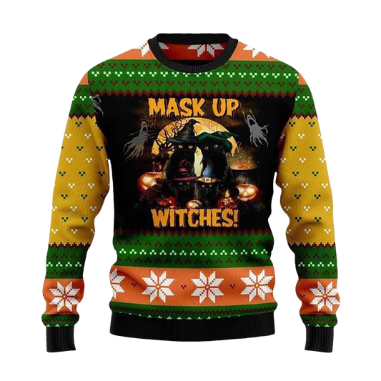 2026 Black Cat Mask up Witches Ugly Christmas Sweater - Moonbestprint