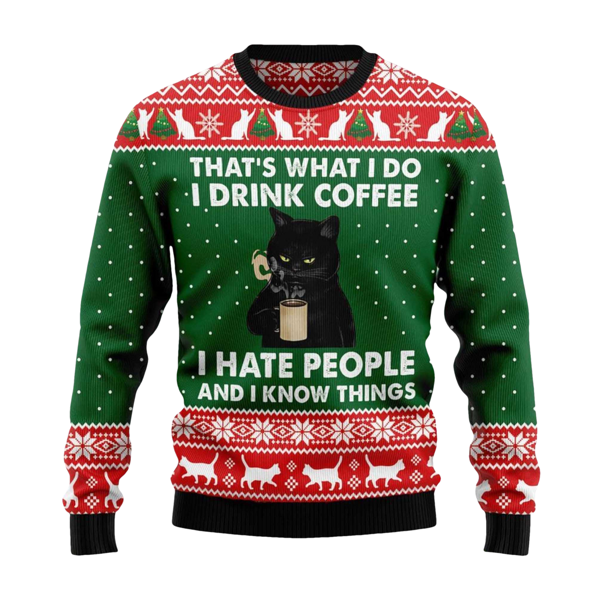 2026 Black Cat Drink Coffee Christmas Ugly Sweater - Moonbestprint