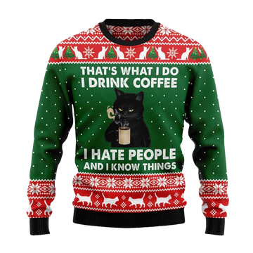 2026 Black Cat Drink Coffee Christmas Ugly Sweater - Moonbestprint