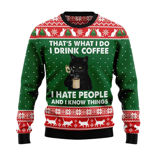 2026 Black Cat Drink Coffee Christmas Ugly Sweater - Moonbestprint