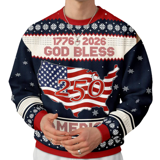 1776 - 2026 God Bless America 250 Ugly Christmas Sweater - Moonbestprint