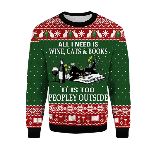 2026 All I Need Is Wine Cats And Books Black Cat Ugly Christmas Sweater - Moonbestprint