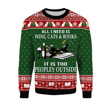 2026 All I Need Is Wine Cats And Books Black Cat Ugly Christmas Sweater - Moonbestprint