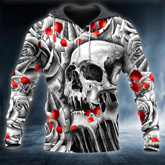 Black And White Roses Skull All Over Print Hoodie -Moonbestprint