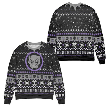 Black Panther Mask Wakanda Snowflake Pattern Ugly Christmas Sweater ? Black ? Usalast
