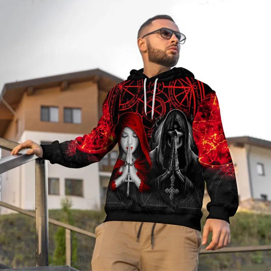 Black Red Gothic Prayer Skull 3D All Over Print Hoodie -Moonbestprint