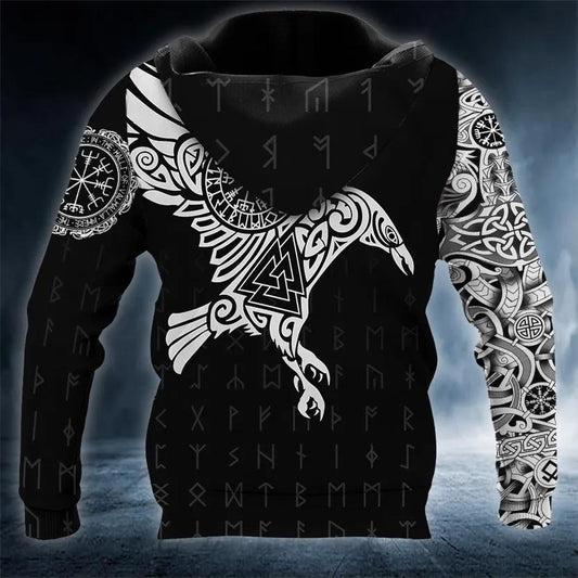 Black White Viking Raven Tattoo 3D All Over Print Hoodie -Moonbestprint