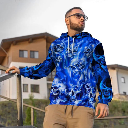 Blue Flame Pile Skull 3D All Over Print Hoodie -Moonbestprint