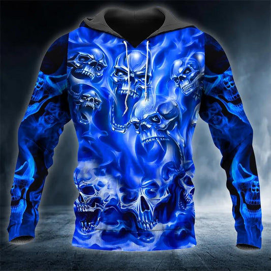 Blue Flame Pile Skull 3D All Over Print Hoodie -Moonbestprint