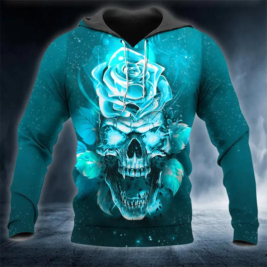 Blue Rose Fantasy Skull 3D All Over Print Hoodie -Moonbestprint