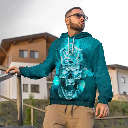 Blue Rose Fantasy Skull 3D All Over Print Hoodie -Moonbestprint