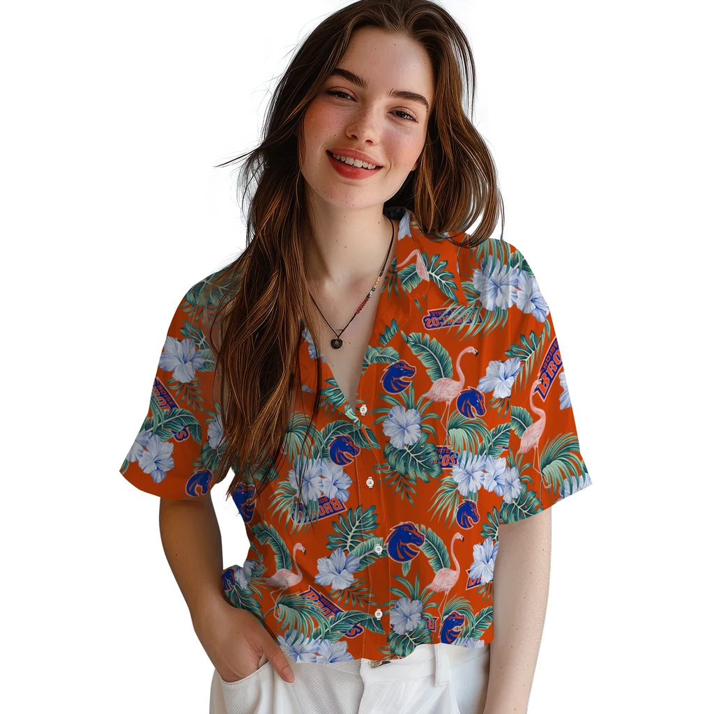 Boise State Broncos Hawaiian Shirt - Flamingo and Hibiscus | Moonbestprint