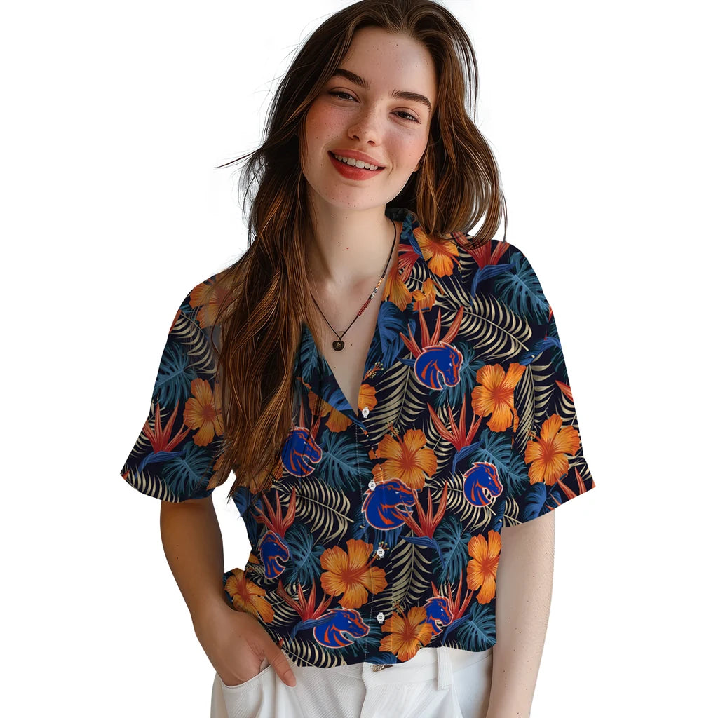 Boise State Broncos Hawaiian Shirt - Hibiscus Foliage | Moonbestprint