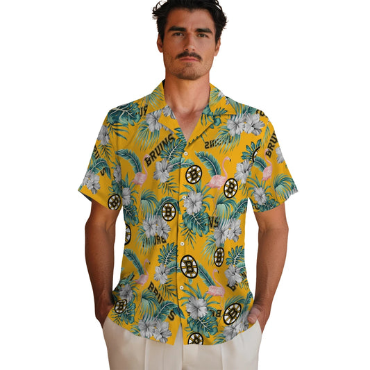 Boston Bruins Hawaiian Shirt - Flamingo and Hibiscus - Moonbestprint