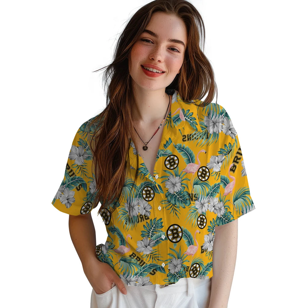 Boston Bruins Hawaiian Shirt - Flamingo and Hibiscus – Moonbestprint