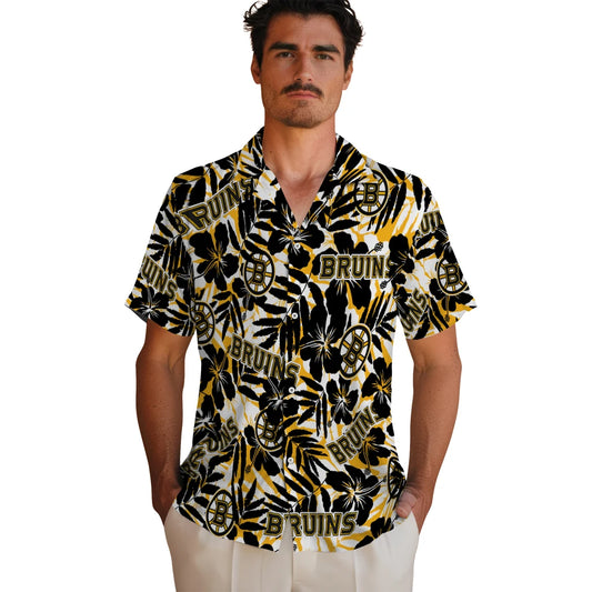 Boston Bruins Hawaiian Shirt - Hibiscus Overlay - Moonbestprint