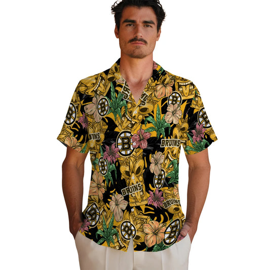 Boston Bruins Hawaiian Shirt - Hibiscus Tiki Jungle - Moonbestprint