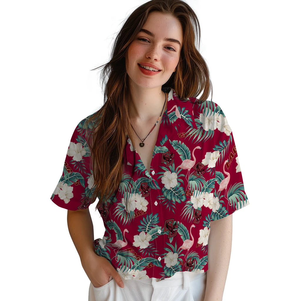 Boston College Eagles Hawaiian Shirt - Flamingo and Hibiscus | Moonbestprint