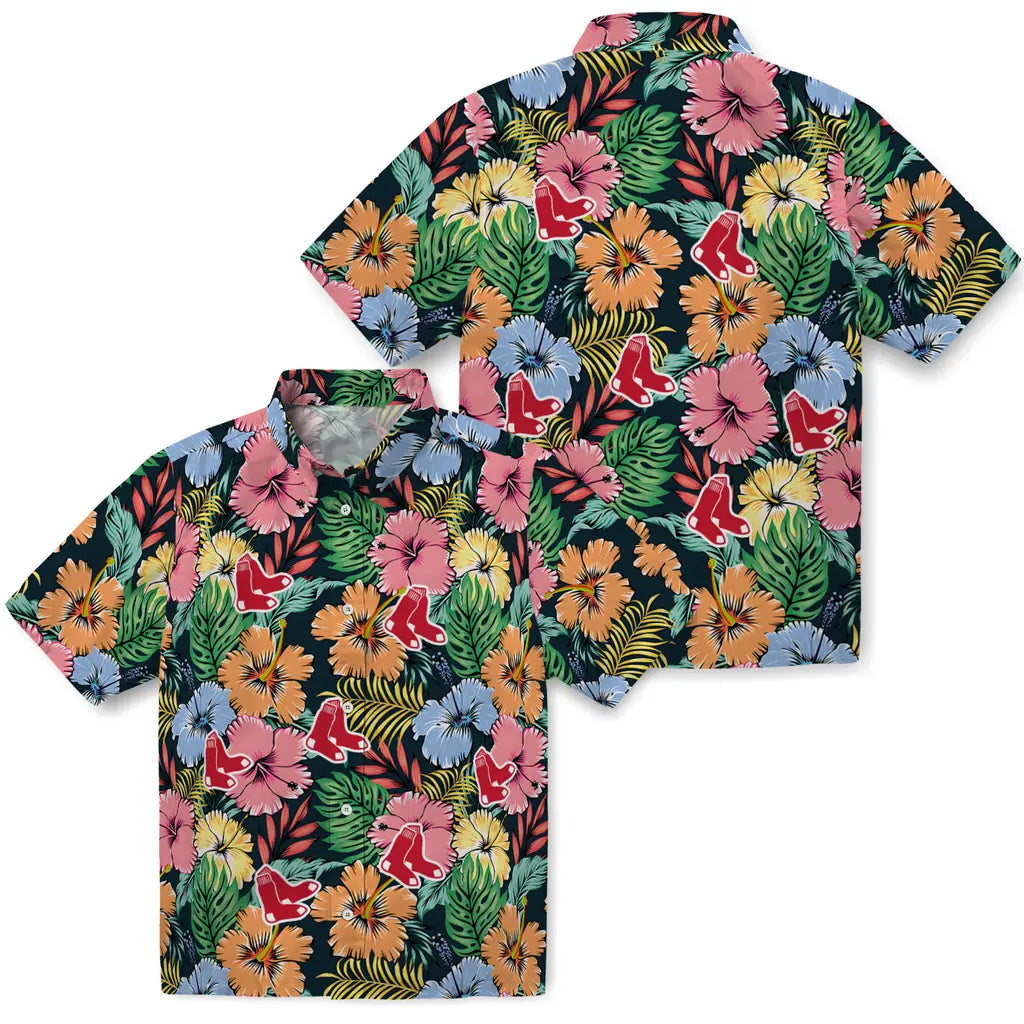 Boston Red Sox Hawaiian Shirt - Brilliant Hibiscus Garden | Moonbestprint