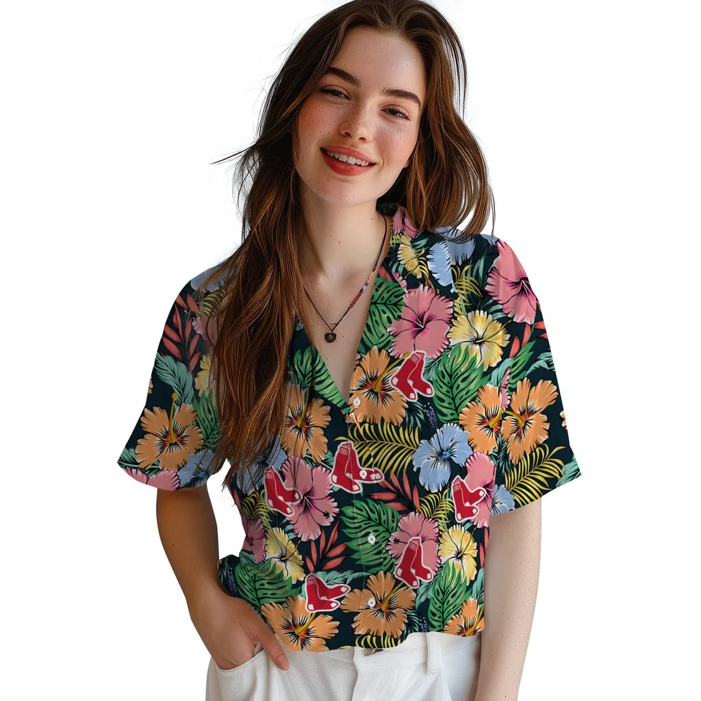Boston Red Sox Hawaiian Shirt - Brilliant Hibiscus Garden | Moonbestprint