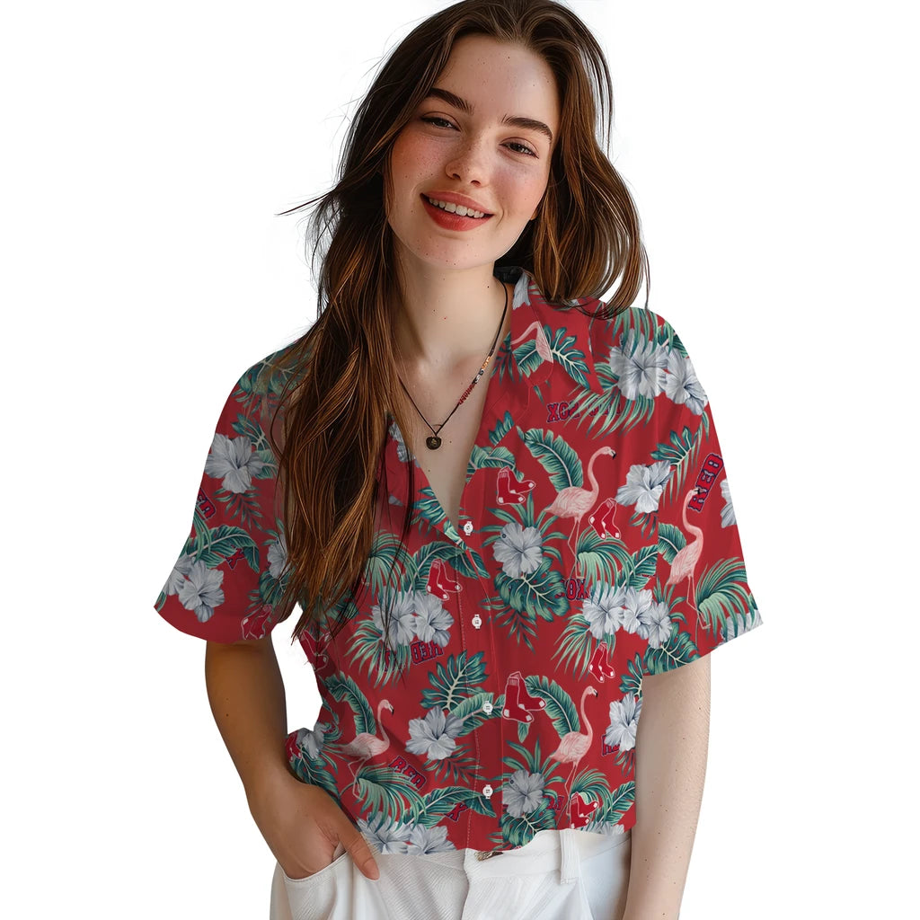 Boston Red Sox Hawaiian Shirt - Flamingo and Hibiscus | Moonbestprint