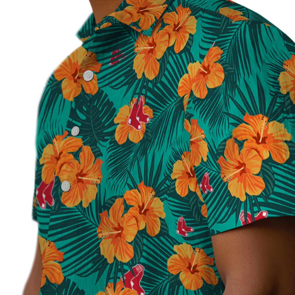Boston Red Sox Hawaiian Shirt - Hibiscus and Palm Leaves | Moonbestprint