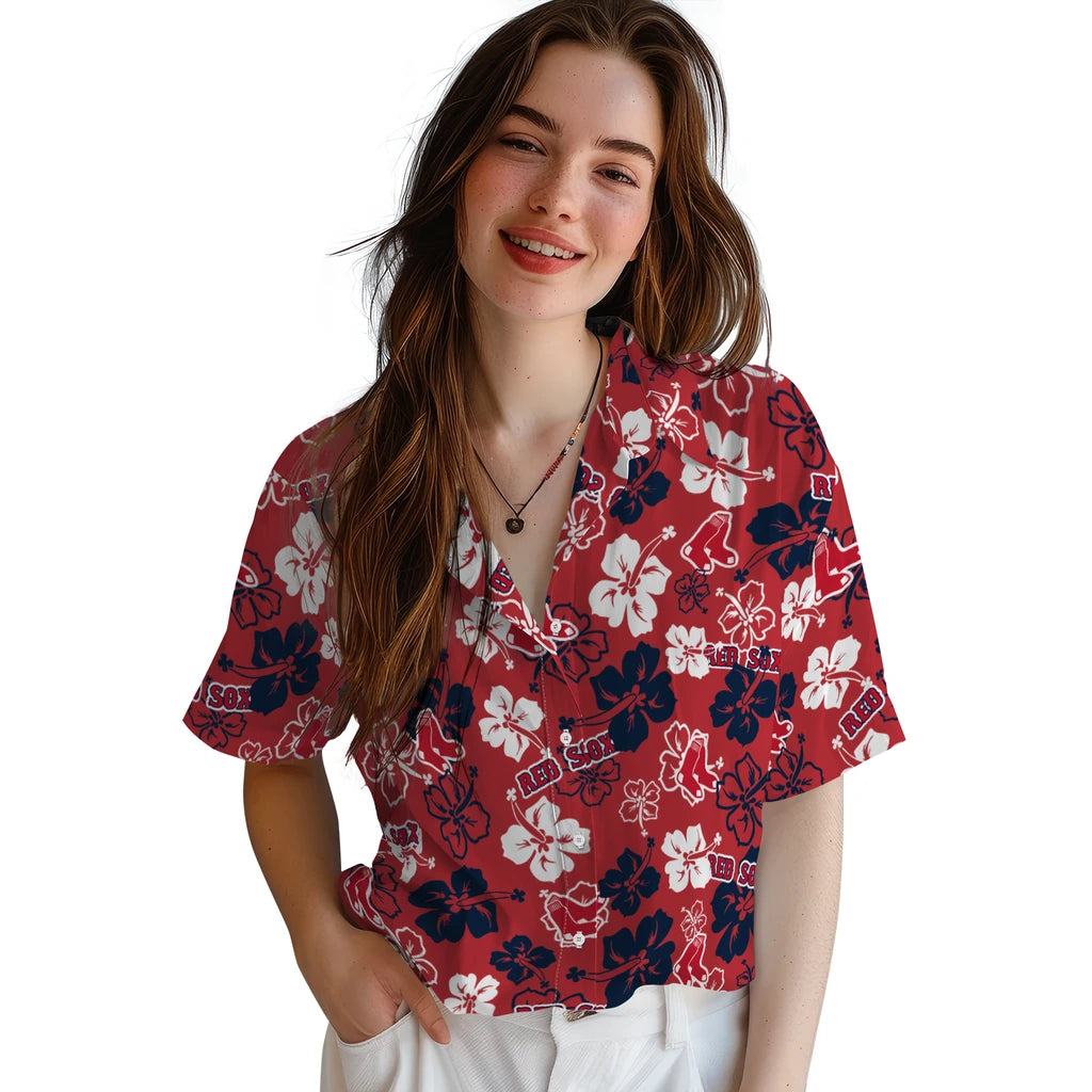 Boston Red Sox Hawaiian Shirt - Hibiscus Flower Design | Moonbestprint