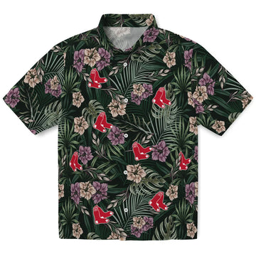 Boston Red Sox Hawaiian Shirt - Hibiscus Leaves Pattern | Moonbestprint