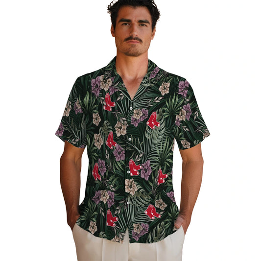 Boston Red Sox Hawaiian Shirt - Hibiscus Leaves Pattern | Moonbestprint