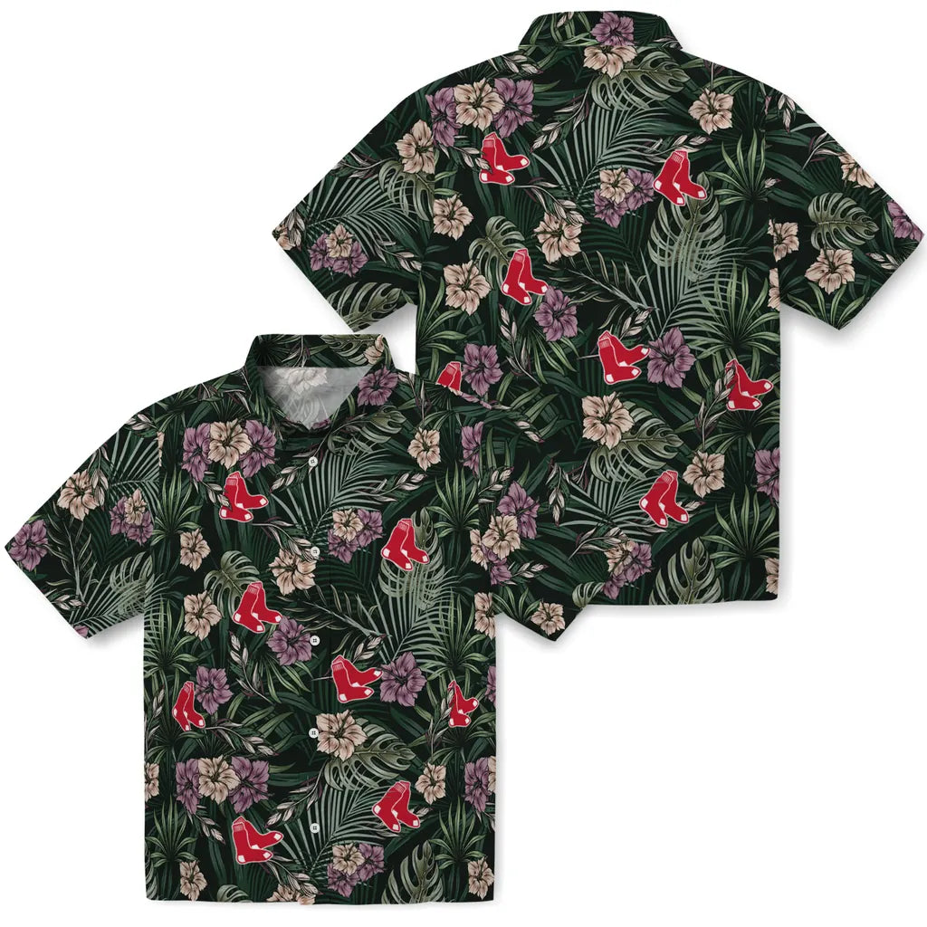 Boston Red Sox Hawaiian Shirt - Hibiscus Leaves Pattern | Moonbestprint