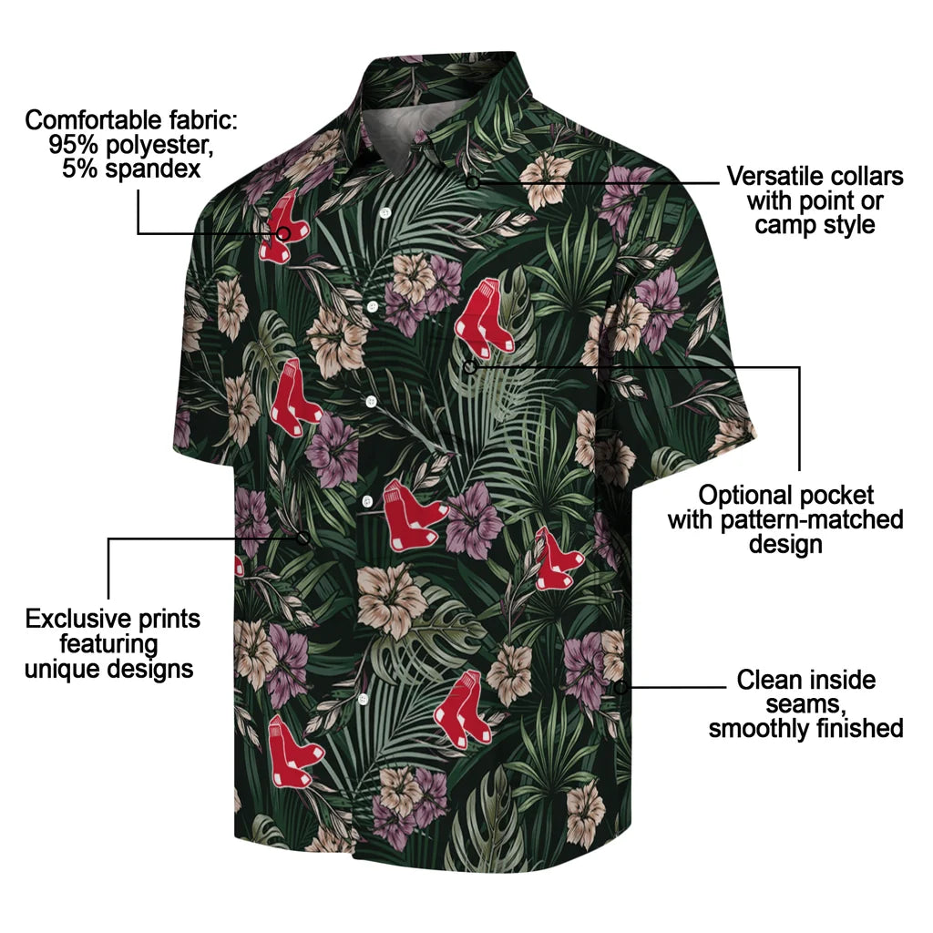 Boston Red Sox Hawaiian Shirt - Hibiscus Leaves Pattern | Moonbestprint