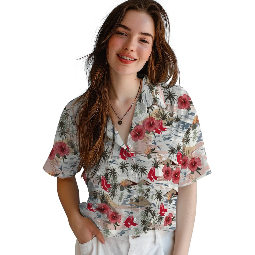 Boston Red Sox Hawaiian Shirt - Hibiscus Seaside | Moonbestprint