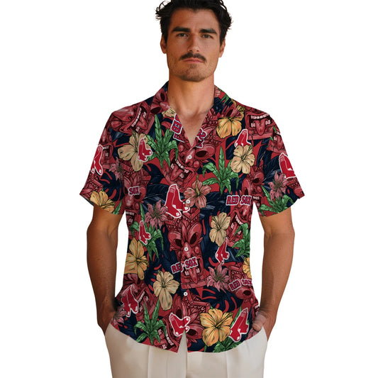 Boston Red Sox Hawaiian Shirt - Hibiscus Tiki Jungle | Moonbestprint