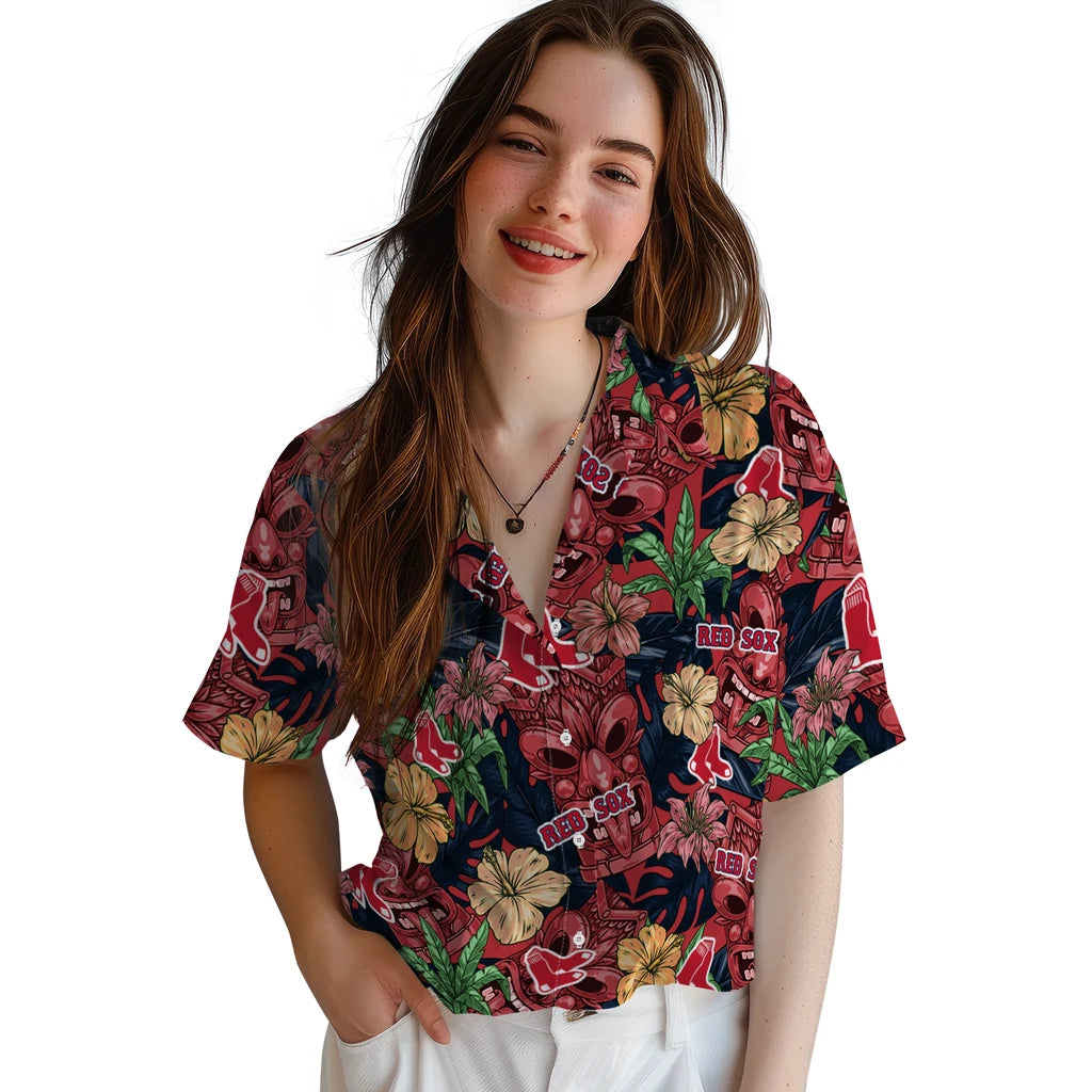 Boston Red Sox Hawaiian Shirt - Hibiscus Tiki Jungle | Moonbestprint