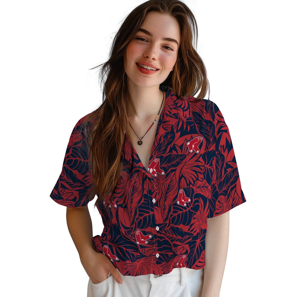 Boston Red Sox Hawaiian Shirt - Monstera Layer | Moonbestprint